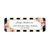 Mooie roze bloemen klassieke zwarte strepen etiket (Voorkant)