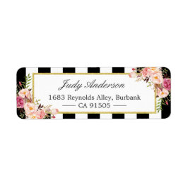 Mooie roze bloemen klassieke zwarte strepen etiket