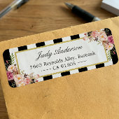 Mooie roze bloemen klassieke zwarte strepen etiket