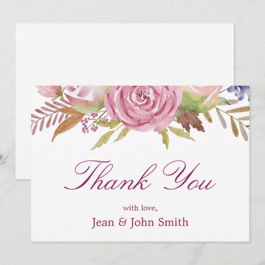 Mooie roze bloemen met bladeren bedankkaart (Voorkant / Achterkant)