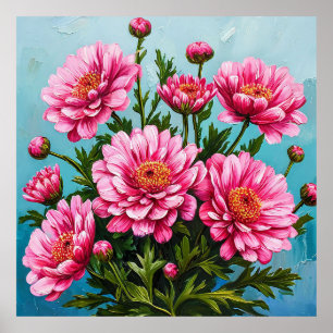 Mooie Roze Bloemen Met Groene Bladeren Poster