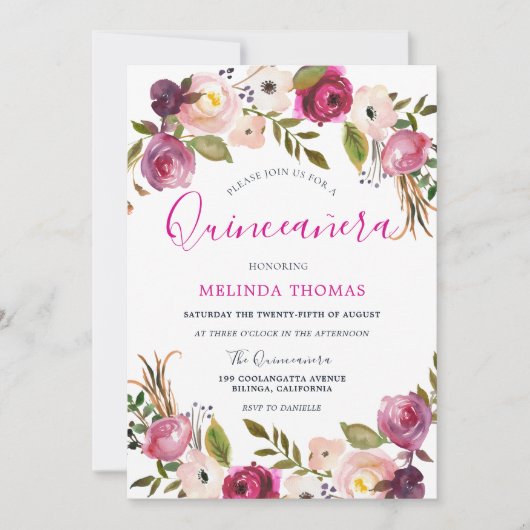 Mooie roze bloemen Quinceanera 15e verjaardag Kaart (Voorkant)