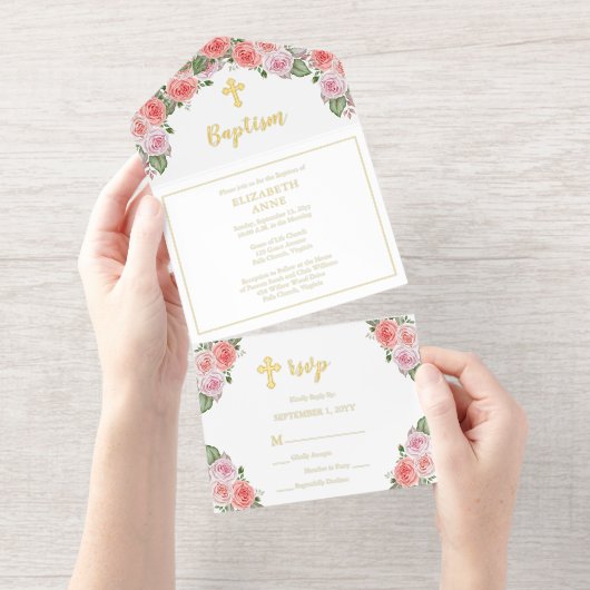 Mooie Roze Bloemen Trinity Kruis Meisje Doop All In One Uitnodiging (Uittrekbaar)