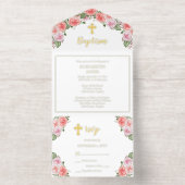 Mooie Roze Bloemen Trinity Kruis Meisje Doop All In One Uitnodiging (Binnenkant)