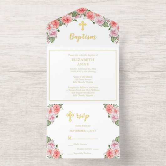 Mooie Roze Bloemen Trinity Kruis Meisje Doop All In One Uitnodiging (Binnenkant)