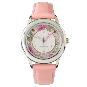 Mooie Roze Bloemen Uw Naam Kind Horloge