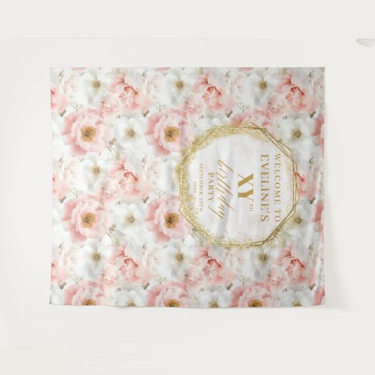 Mooie Roze Bloemen Verjaardag Foto Booth Banner Wandkleed (Voorkant (horizontaal))