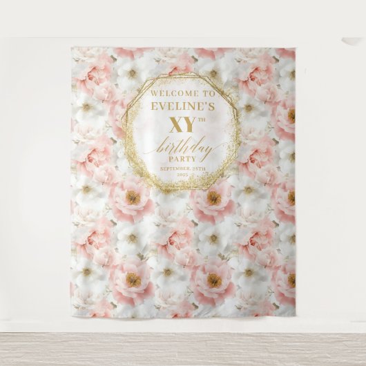 Mooie Roze Bloemen Verjaardag Foto Booth Banner Wandkleed (Voorkant)