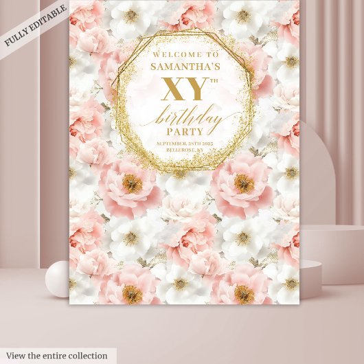 Mooie Roze Bloemen Verjaardag Photo Booth Banner Wandkleed
