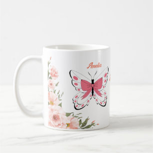 Mooie Roze Bloemen Vlinders Naam Monogram Koffiemok