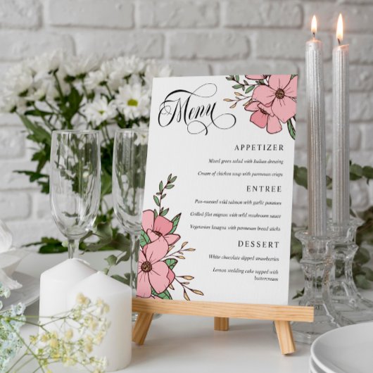 Mooie Roze Bloemen Wervelende Script Bruiloft Menu