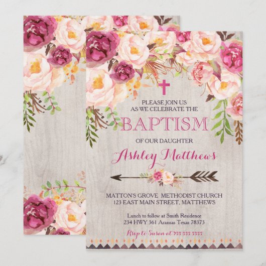 Mooie Roze Bloemendoop Uitnodiging (Voorkant / Achterkant)