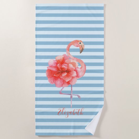 Mooie Roze Bloemengevlekte Flamingo's,Gestreepte Strandlaken (Voorkant)