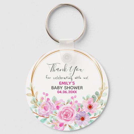 Mooie Roze Bloemenkrans Bedankt Baby Shower Sleutelhanger (Voorkant)