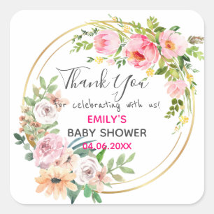 Mooie Roze Bloemenkrans Bedankt Baby Shower Vierkante Sticker