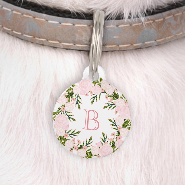 Mooie Roze Bloemenkrans Monogram Huisdierpenning (Creator heeft geüpload)