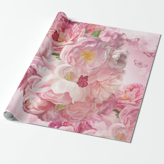 Mooie roze bloementuin cadeaupapier (Uitgerold)