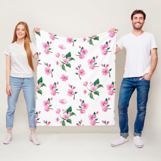 Mooie Roze Bloemige Aquarel Fleece Deken (In situ)