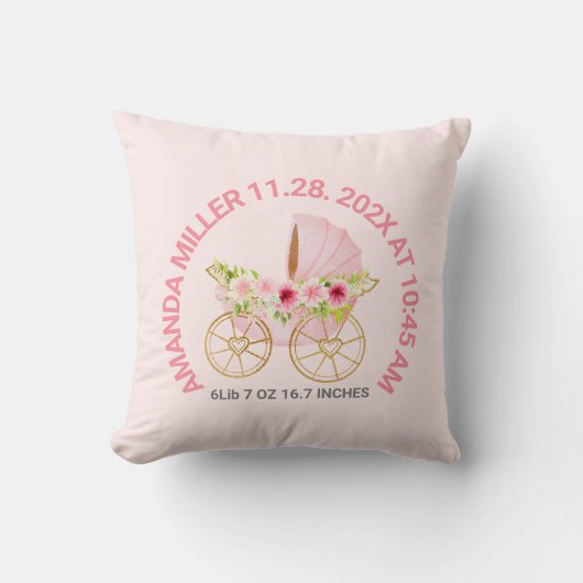 Mooie roze bloemige babywagen Baby Geboortedatum Kussen (Voorkant)
