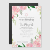 Mooie Roze Bloemige Bat Mitzvah Feest Magnetische Uitnodiging (Voorkant / Achterkant)
