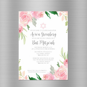 Mooie Roze Bloemige Bat Mitzvah Feest Magnetische Uitnodiging
