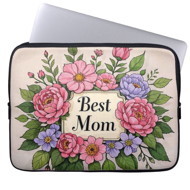 Mooie roze bloemige beste moeder laptop sleeve (Voorkant)