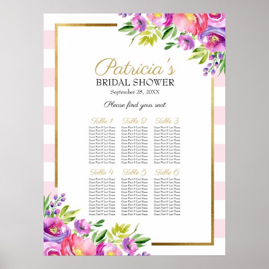 Mooie Roze Bloemige Bruids-Shower Zitplaatskaart Poster (Voorkant)