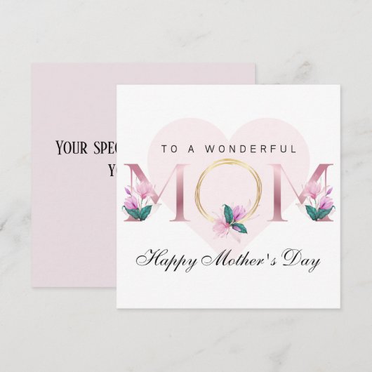 Mooie roze bloemige gepersonaliseerde Moederdag Kaart (Voorkant / Achterkant)