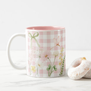 Mooie Roze Bloemige Geruite Tweekleurige Koffiemok
