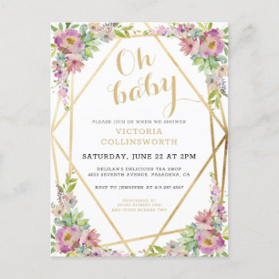 Mooie Roze Bloemige Gouden Geometrische Baby Showe Uitnodiging Briefkaart