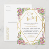 Mooie Roze Bloemige Gouden Geometrische Baby Showe Uitnodiging Briefkaart (Voorkant / Achterkant)