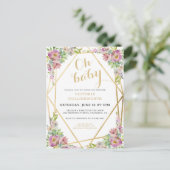 Mooie Roze Bloemige Gouden Geometrische Baby Showe Uitnodiging Briefkaart (Staand voorkant)