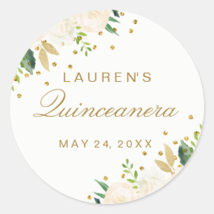 Mooie Roze bloemige Gouden Glitter Quinceanera Ronde Sticker