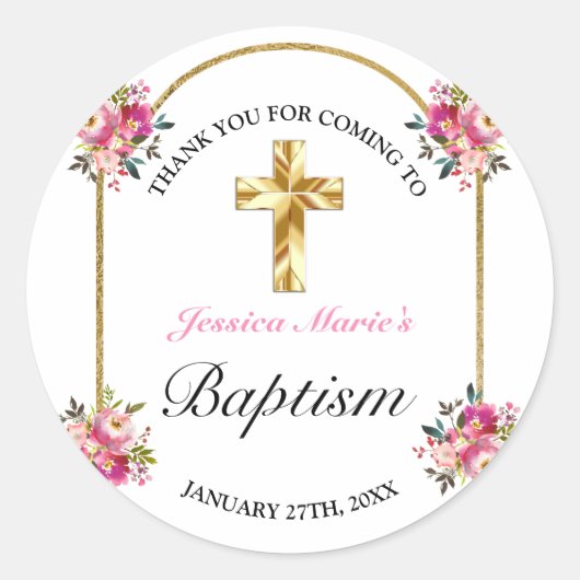 Mooie Roze Bloemige Gouden Kruis Doop Dankjewel Ronde Sticker (Voorkant)