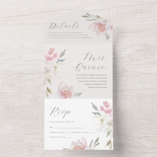 Mooie Roze Bloemige Quinceanera 15 Jaar All In One Uitnodiging (Binnen)