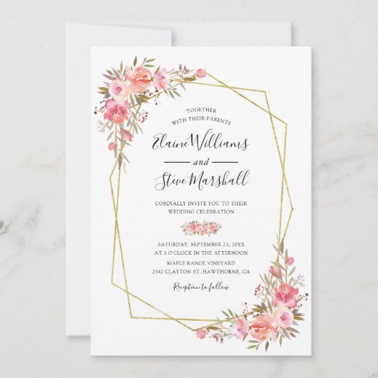 Mooie Roze Bloemige Trouwring met Gouden Lijst Bru Kaart (Voorkant)