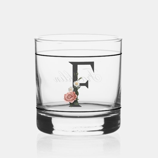Mooie roze bloemige versierd zwart monogram F Whisky Glas (Voorkant)