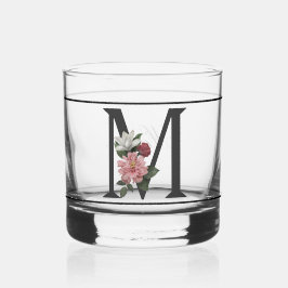 Mooie roze bloemige versierd zwart monogram M Whisky Glas