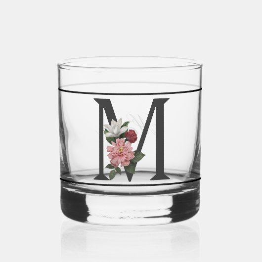 Mooie roze bloemige versierd zwart monogram M Whisky Glas (Voorkant)