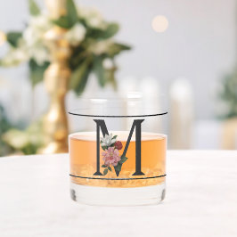 Mooie roze bloemige versierd zwart monogram M Whisky Glas