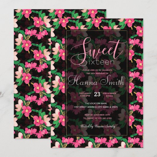 Mooie Roze Bloesem Bloemen Verf Zwart Design Kaart (Voorkant / Achterkant)