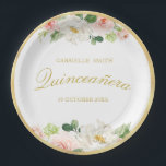 mooie roze blos bloemen Quinceanera Papieren Bordje<br><div class="desc">Mooie waterverf blush roze bloemenontwerp met gouden tekst.</div>
