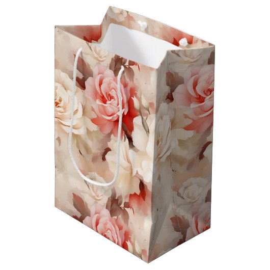 Mooie Roze Blos Crème Roos Bloemige Bruiloft Feest Medium Cadeauzakje (Voorkant Gekanteld)