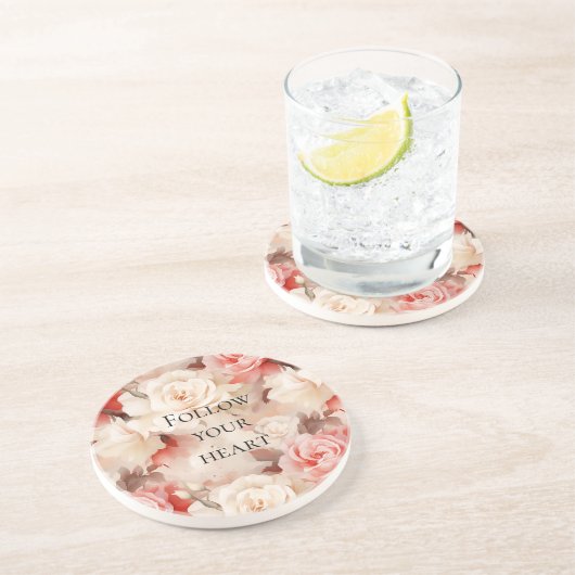 Mooie Roze Blush Crème Bloemige Bruiloft Feest Zandsteen Onderzetter (Zijkant)