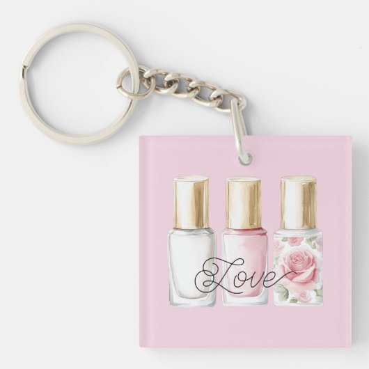 Mooie Roze Blush Roze Bloem Nagellak Sleutelhanger (Voorkant)