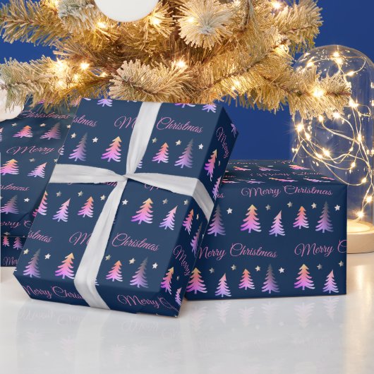 Mooie roze bomen en Vrolijk kerstblauw Cadeaupapier (Feestdagen)