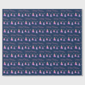 Mooie roze bomen en Vrolijk kerstblauw Cadeaupapier (Vlak)