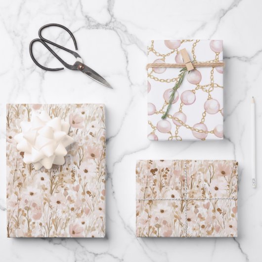 Mooie Roze Bruine Bloem Bruidsmeisjesfeest Inpakpapier Vel (Voorkant)