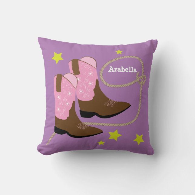 Mooie Roze Cowboylaarzen & Touw, Gepersonaliseerd Kussen (Voorkant)