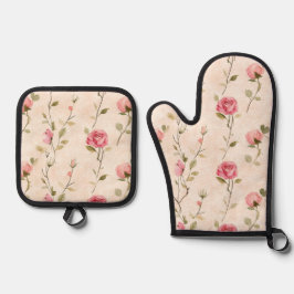 Mooie Roze Crème Rozen Bloemig Ovenwant & Pannenlap Set